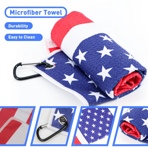 Magnetic Golf Club Cleaning Kit With American Flag Towels, Dual Pack Groove Brush And Groove Pick, Microfiber Towels