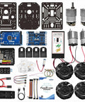 FlexiRover Robot Car Kit For Arduino Mega2560 With WiFi Expansion Board 520 Motors Mecanum Wheels components spread out