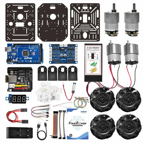 FlexiRover Robot Car Kit For Arduino Mega2560 With WiFi Expansion Board 520 Motors Mecanum Wheels components spread out