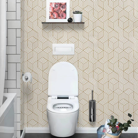 Bathroom wall with Geometric Hexagon Peel And Stick Wallpaper Removable Self Adhesive Vinyl Film For Walls And Shelves And Drawers And Furniture 17.71 Inch By 118 Inch Roll Easy To Apply No Mess Home Makeovers