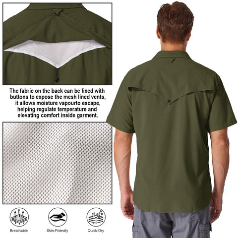 Moisture Wicking Quick Dry Safari Shirt For Men With UPF 50 Sun Protection Short Sleeve Hiking Camping Shirt Olive Green XXL back view