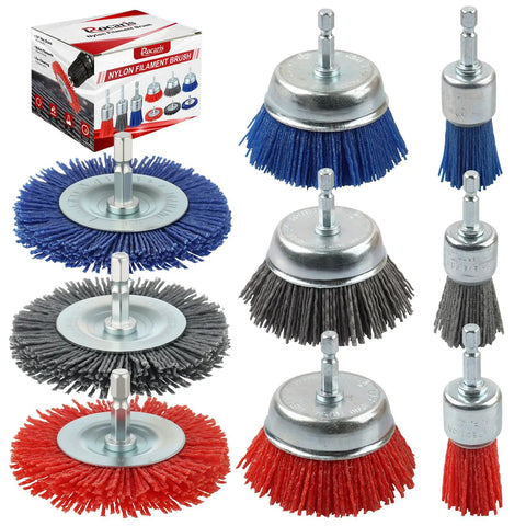 Nylon Filament Pro Grade Abrasive Wire Brush Set With 1/4 Inch Hex Shank, 9 Pack Wheel And Cup Brushes for rust and paint removal