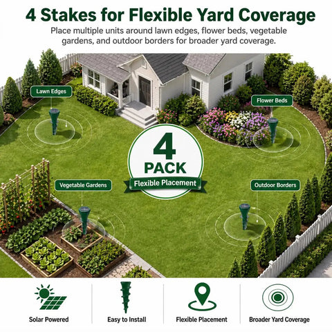 Illustration showing 4 Pack Solar Powered Mole Repellent Stakes With Ultrasonic Pulses And Ground Vibration in a yard setup