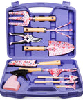 Open purple carrying case showing 12-piece women's gardening tools gift set with rust-proof and heavy-duty tools for planting and pruning.