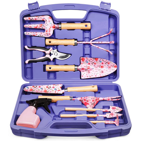 Open purple carrying case showing 12-piece women's gardening tools gift set with rust-proof and heavy-duty tools for planting and pruning.