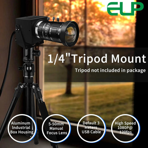 5-50mm 10X USB Zoom Camera With 12MP Sensor 1080P 120FPS Varifocal CS Mount Lens on tripod near window