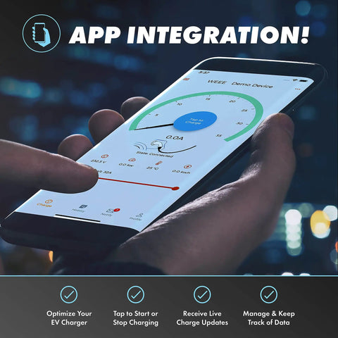 Smartphone displaying app integration for Level 2 EV Charger 50 Amp 240V Portable Home Charging Station overview and control features.