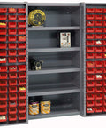 Built Like A Tank Deep Door Bin Cabinet With 96 Solid Red Plastic Organizing Bins Adjustable Shelves Secure Lock Hasp Heavy Duty 270 Swinging Doors Pre Assembled with items organized inside.