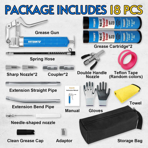 YATOINTO 18-pc grease gun kit with blue gun, 12 inch hose, two cartridges, nozzles, extensions, gloves and storage bag.
