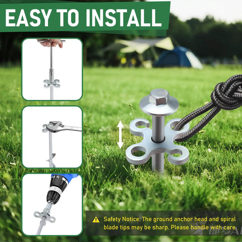 Built Tough Heavy Duty Ground Anchors Screw In Stakes 12 Inch 4 Pack installation guide with drill socket and rope attachment.