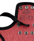 Close-up of burgundy canvas poultry saddle with adjustable straps and metal snaps, part of 4 Pack Medium-Large Poultry Saddles With Adjustable Straps.