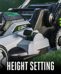 Close-up of Cordless Electric Lawn Mower With 56V 6.0Ah Battery And 320W Charger showing height setting feature.