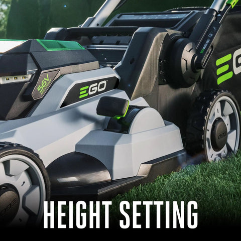 Close-up of Cordless Electric Lawn Mower With 56V 6.0Ah Battery And 320W Charger showing height setting feature.
