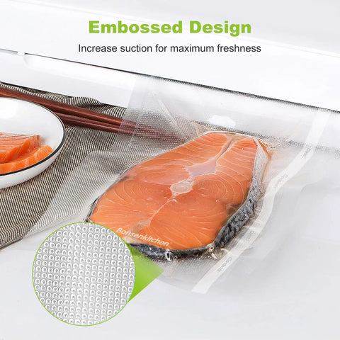 Vacuum Sealer Bags 8 Inch By 50 Foot Roll 2 Pack BPA Free Heavy Duty Commercial Grade Textured Double Sided Food Storage For Sous Vide Cooking Compatible With All Major Vacuum Sealers VB3209 sealing salmon fillet for freshness.
