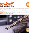 Close-up of M35 cobalt drill bit for stainless steel, showcasing precision and wear resistance, NordWolf branding visible.