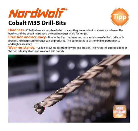 Close-up of M35 cobalt drill bit for stainless steel, showcasing precision and wear resistance, NordWolf branding visible.