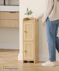Top Tier Rattan Bathroom Cabinet Ultra Slim Floor Stand Toilet Paper Organizer Fights Clutter In Tight Corners with elegant curved design.
