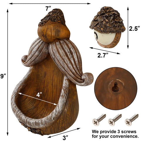 Tree Face Bird Feeder Outdoor Decor With Glow In The Dark Eyes Old Man Tree Hugger Sculpture Dope Yard Art Garden Ornament For Birds And Birdwatchers Perfect For Gardens And Lawns with measurements and screws shown.