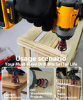 Heavy Duty Nine Piece Countersink Drill Bit Set With Adjustable Depth Stop Collar And Tct Alloy Steel, shown in use on wooden planks.