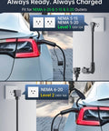 Tesla Level 1 To 2 EV Charger With Adjustable Current Delay Charge And Smart Display 21 Foot Mobile Cable For Model X Y 3 S Cybertruck NACS NEMA Six Twenty And Five Fifteen 110 240V connected to car