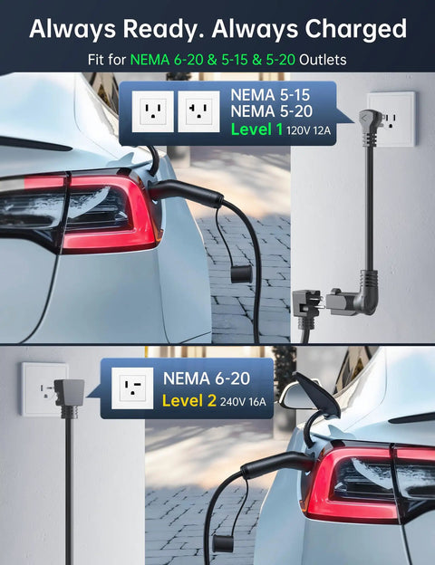 Tesla Level 1 To 2 EV Charger With Adjustable Current Delay Charge And Smart Display 21 Foot Mobile Cable For Model X Y 3 S Cybertruck NACS NEMA Six Twenty And Five Fifteen 110 240V connected to car
