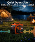 4500-Watts Portable Inverter Generator For Home, Camping And RV Use next to a tent and campfire at night, highlighting quiet operation.