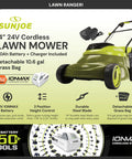 Walk-Behind Cordless Push Lawn Mower With 14 Inch Cutting Width Brushless Motor Rechargeable 4Ah Battery And Charger Green 24V For Small To Medium Lawns, angled view with battery and grass bag
