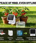 Smart WiFi Solar Drip Irrigation System For Indoor And Outdoor Use With App Control And Automatic Plant Waterer Kit Water Shortage Alerts No Brainer Push And Email Notifications Powers 10 To 20 Plants shown with solar panel and two potted plants