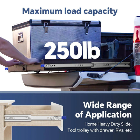 Heavy Duty Drawer Slides With Lock For 20 Inch Drawers, Full Extension Ball Bearing Slides For Tool Cabinets And Workbenches, Cold Rolled Steel Construction, 250 Lb Capacity, Detachable Locking Mechanism For Safe, Smooth Operation mounted on truck drawer and wooden cabinet