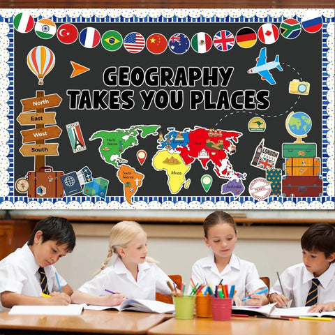 Bulletin Board Set With World Map Cutout, Travel Theme Icons, 14 National Flags, classroom display with map and geography elements.