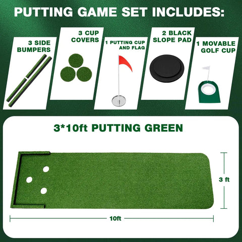 Indoor Outdoor 3x10ft Golf Putting Green Mat With Thick 10mm Non Slip Base And Side Borders Portable Three Hole Design