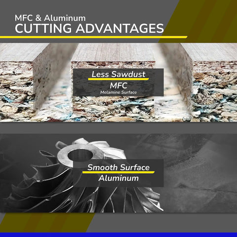 MFC and aluminum cutting advantages with less sawdust in MFC and smooth surface in aluminum shown with materials close-up.