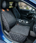 Two Pack Front Seat Cover For Cars, Trucks, SUVs And Jeeps, Full Protection Dog Car Seat Cover With Side Flaps, shown in black vehicle