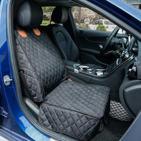 Two Pack Front Seat Cover For Cars, Trucks, SUVs And Jeeps, Full Protection Dog Car Seat Cover With Side Flaps, shown in black vehicle