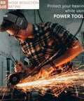Gel Ear Seals Shooting Earmuffs With NRR 26dB Noise Reduction, worn by man using power tools in workshop