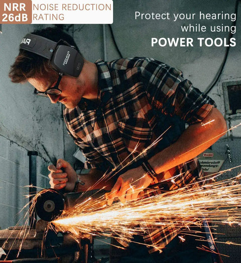 Gel Ear Seals Shooting Earmuffs With NRR 26dB Noise Reduction, worn by man using power tools in workshop