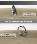 Gazebo Privacy Curtains 10x12 Four Panel Sidewall Set For Patio Pergolas showing mounting hooks and C-rings for attachment.