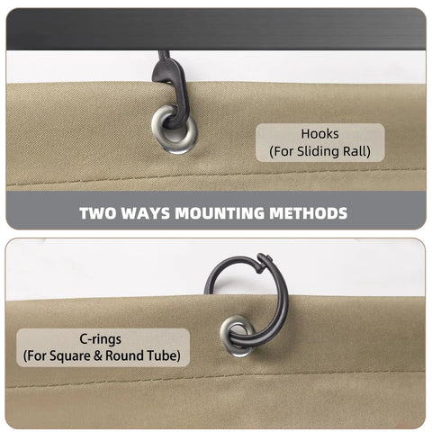 Gazebo Privacy Curtains 10x12 Four Panel Sidewall Set For Patio Pergolas showing mounting hooks and C-rings for attachment.