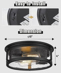 Super Cool Black Flush Mount Ceiling Light With Metal Cage Design And Seeded Glass Shade dimensions and installation details