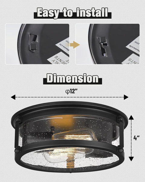 Super Cool Black Flush Mount Ceiling Light With Metal Cage Design And Seeded Glass Shade dimensions and installation details