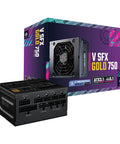 Mini ITX SFX Gold 750W Power Supply With Fully Modular Design For Tiny ITX Rigs, 80 Plus Gold And Cybenetics Gold Certified, box and unit.