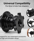 Slick Heavy Duty Quick Release Steering Wheel Adapter With Anti Theft Security Hub And Beefy Bolt On Heightening Boss Kit For Street Rods And Race Builds Black showing universal fitment for 6-hole hub adapters.