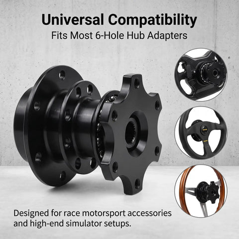 Slick Heavy Duty Quick Release Steering Wheel Adapter With Anti Theft Security Hub And Beefy Bolt On Heightening Boss Kit For Street Rods And Race Builds Black showing universal fitment for 6-hole hub adapters.
