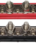 Heavy Duty 3/8 Inch 4 Stud Bus Bar Power Distribution Block Built Like A Tank With Nickel Plated Brass Contacts For Marine 12 Volt Battery Terminals And Ground Wiring, featuring red and black designs.
