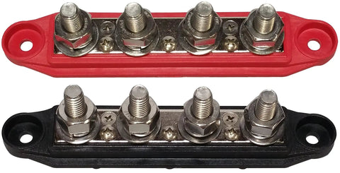 Heavy Duty 3/8 Inch 4 Stud Bus Bar Power Distribution Block Built Like A Tank With Nickel Plated Brass Contacts For Marine 12 Volt Battery Terminals And Ground Wiring, featuring red and black designs.