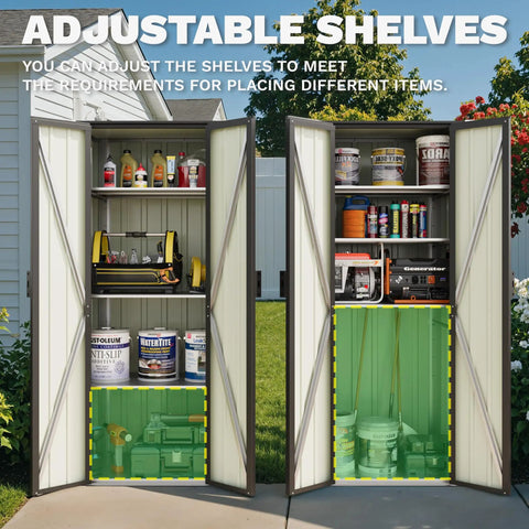 Front view of Rugged 28 Cu Ft Outdoor Storage Cabinet With Adjustable Shelves And Locking Door, Weatherproof Metal Shed, Black.