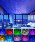 Dope Galaxy Projector For Bedroom With Ocean Light Bluetooth Speaker illuminating a room with starry sky and water wave effects.