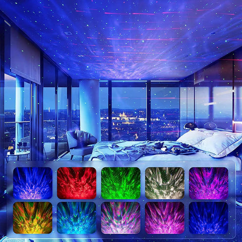 Dope Galaxy Projector For Bedroom With Ocean Light Bluetooth Speaker illuminating a room with starry sky and water wave effects.