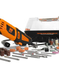 WEN 23190 variable-speed rotary tool in orange/black with 190-piece accessory kit, flex shaft, and carrying case.