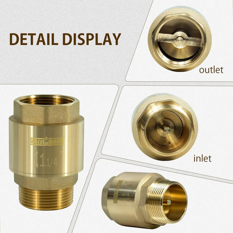 Top Shelf Heavy Duty One Point Two Five Inch Brass Check Valve showing inlet and outlet designs for water flow.